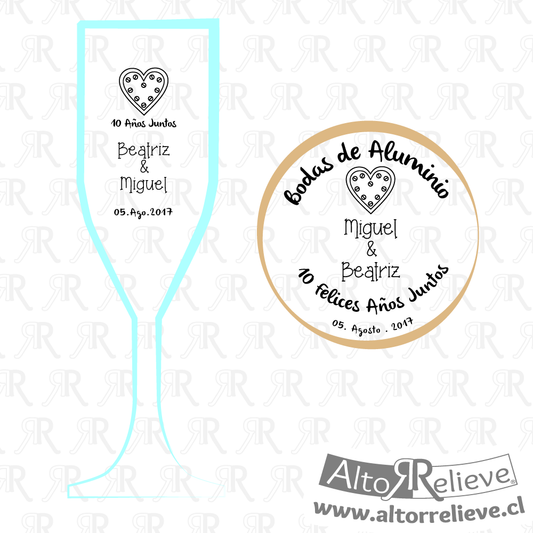 Set de Copas Regalo Aniversario Nº10 Bodas de Aluminio - Bodas de Aluminio - Altorrelieve Diseño
