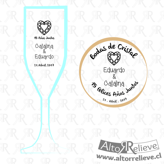 Set de Copas Regalo Aniversario Nº15 Bodas de Cristal - Bodas de Cristal - Altorrelieve Diseño