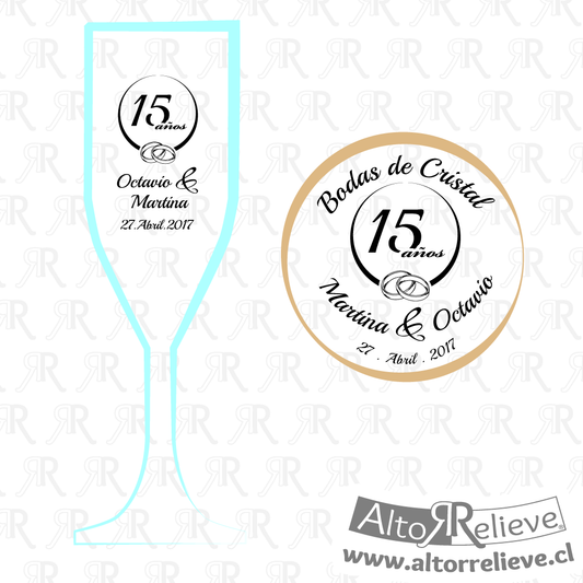Set de Copas Regalo Aniversario Nº15 Bodas de Cristal - Bodas de Cristal - Altorrelieve Diseño