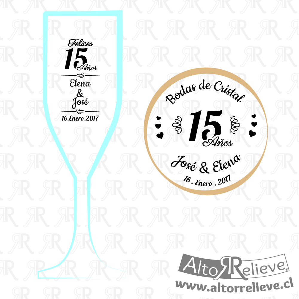 Set de Copas Regalo Aniversario Nº15 Bodas de Cristal - Bodas de Cristal - Altorrelieve Diseño