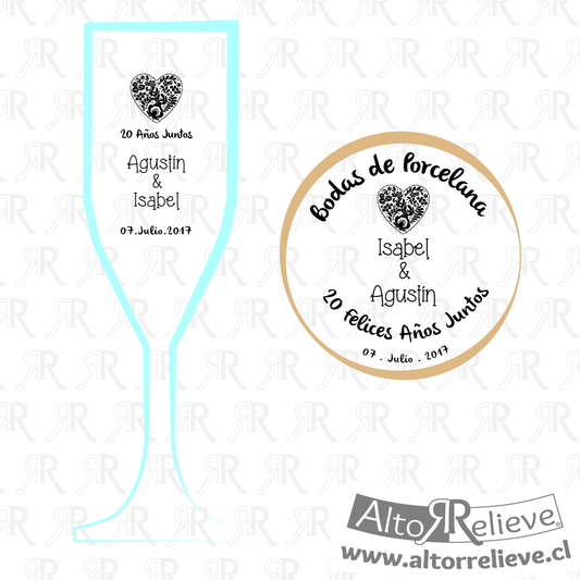 Set de Copas Regalo Aniversario Nº20 Bodas de Porcelana - Bodas de Porcelana - Altorrelieve Diseño