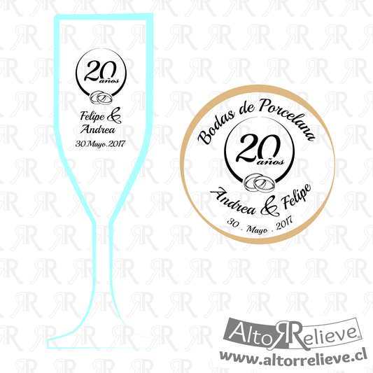 Set de Copas Regalo Aniversario Nº20 Bodas de Porcelana - Bodas de Porcelana - Altorrelieve Diseño