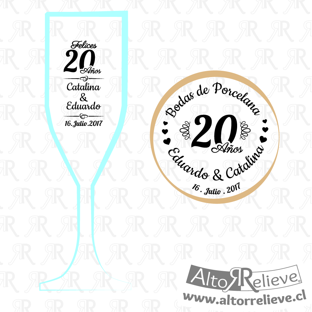 Set de Copas Regalo Aniversario Nº20 Bodas de Porcelana - Bodas de Porcelana - Altorrelieve Diseño