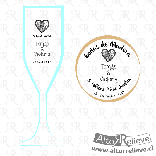 Set de Copas Regalo Aniversario Nº5 Bodas de Madera - Bodas de Madera - Altorrelieve Diseño