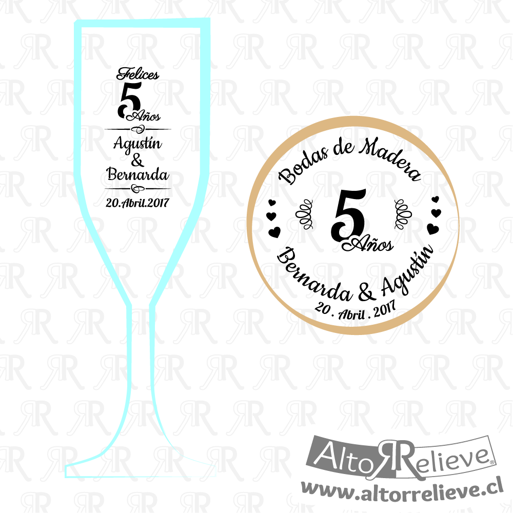 Set de Copas Regalo Aniversario Nº5 Bodas de Madera - Bodas de Madera - Altorrelieve Diseño