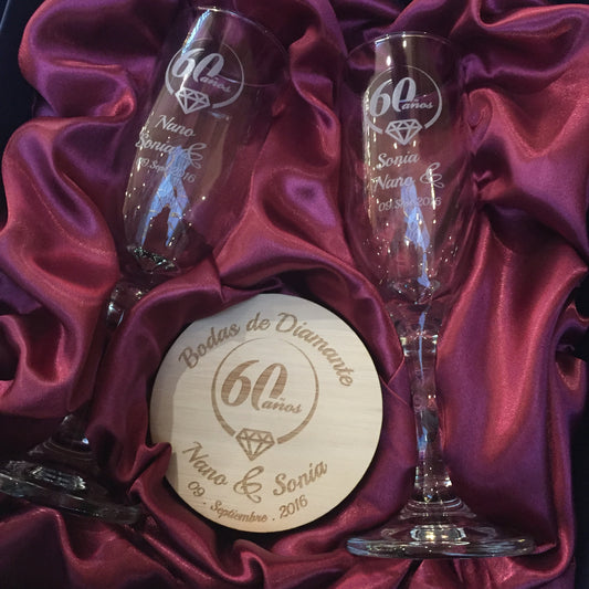 Set de Copas Regalo Aniversario Nº60 Bodas de Diamante - Bodas de Diamante - Altorrelieve Diseño