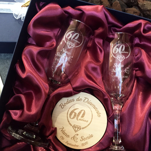 Set de Copas Regalo Aniversario Nº60 Bodas de Diamante - Bodas de Diamante - Altorrelieve Diseño