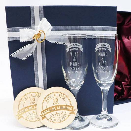 Set de Copas Regalo Aniversario Nº10 Bodas de Aluminio - Bodas de Aluminio - Altorrelieve Diseño