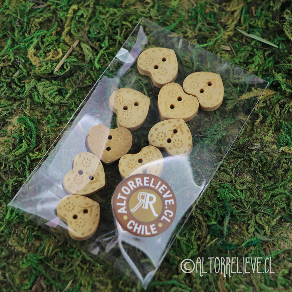 10 Botones de Madera Corazón Floral 16mm