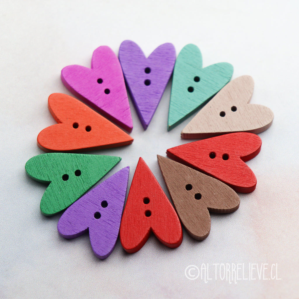 10 Botones de Madera Corazón Moderno Colores 26mm