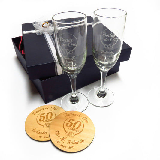 Set de Copas Regalo Aniversario Nº50 Bodas de Oro - Bodas de Oro - Altorrelieve Diseño