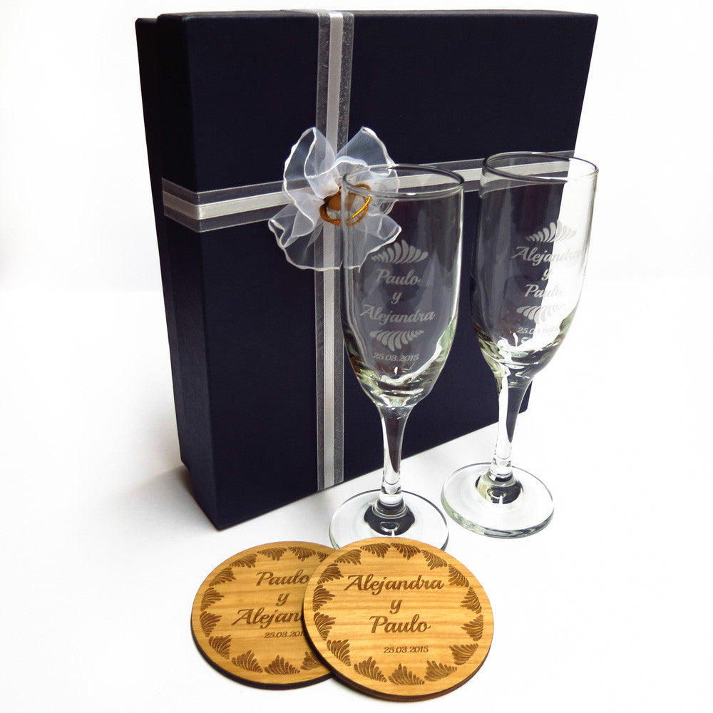 Juego de 2 copas de champán personalizadas para boda con caja, diseño  elegante real, copas de champán grabadas para copas de novia y novio para  boda