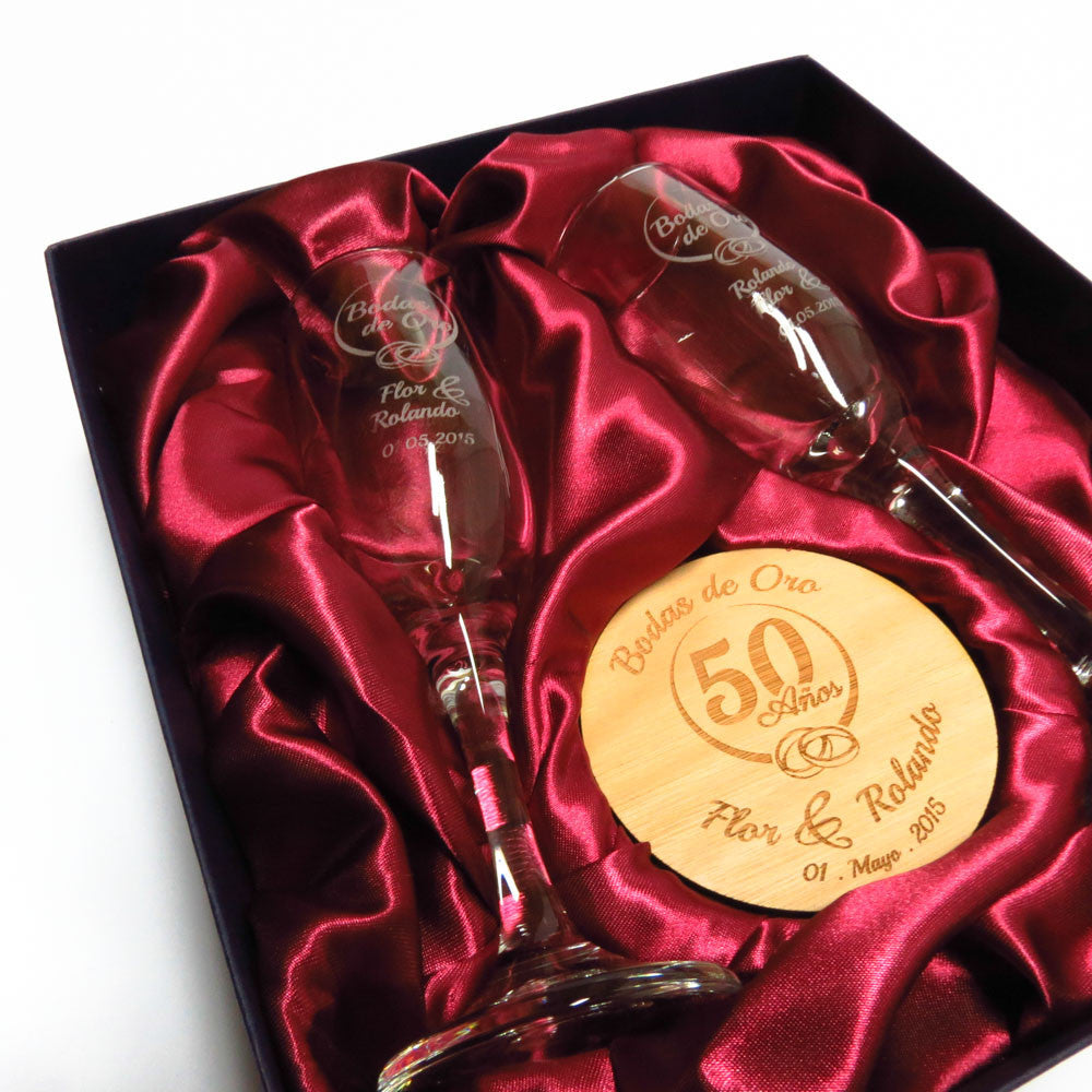 Set de Copas Regalo Aniversario Nº50 Bodas de Oro - Bodas de Oro - Altorrelieve Diseño